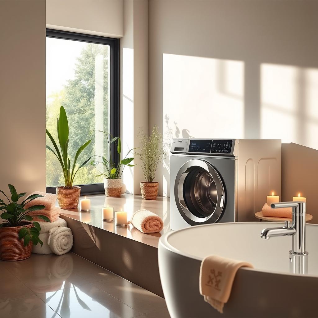 A serene bathroom scene featuring a modern bath washer, elegantly designed for both functionality and aesthetics