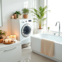 A serene bathroom scene featuring a modern bath washer, elegantly designed for both functionality and aesthetics