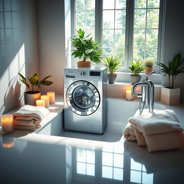 A serene bathroom scene featuring a modern bath washer, elegantly designed for both functionality and aesthetics