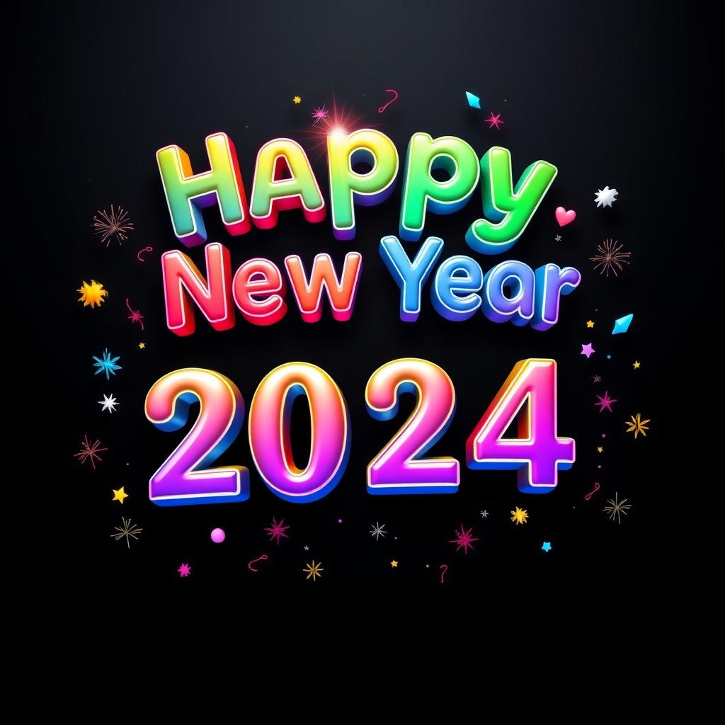 A vibrant and festive 3D logo that reads 'Happy New Year 2024'