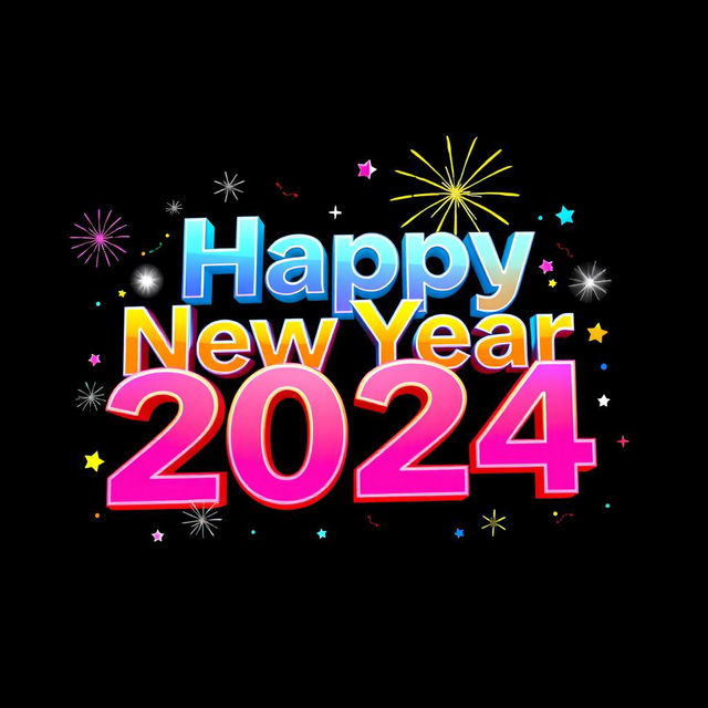 A vibrant and festive 3D logo that reads 'Happy New Year 2024'