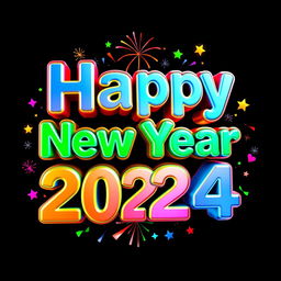 A vibrant and festive 3D logo that reads 'Happy New Year 2024'