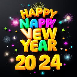 A vibrant and festive 3D logo that reads 'Happy New Year 2024'