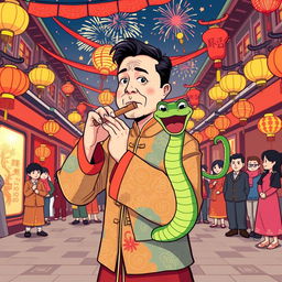 Elon Musk illustrated as a snake charmer on a festive street during the Chinese New Year, adorned in colorful traditional attire reflecting cultural elements, captivating a green cartoon snake that playfully dances around his flute
