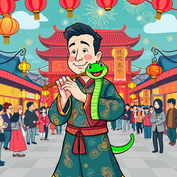Elon Musk illustrated as a snake charmer on a festive street during the Chinese New Year, adorned in colorful traditional attire reflecting cultural elements, captivating a green cartoon snake that playfully dances around his flute