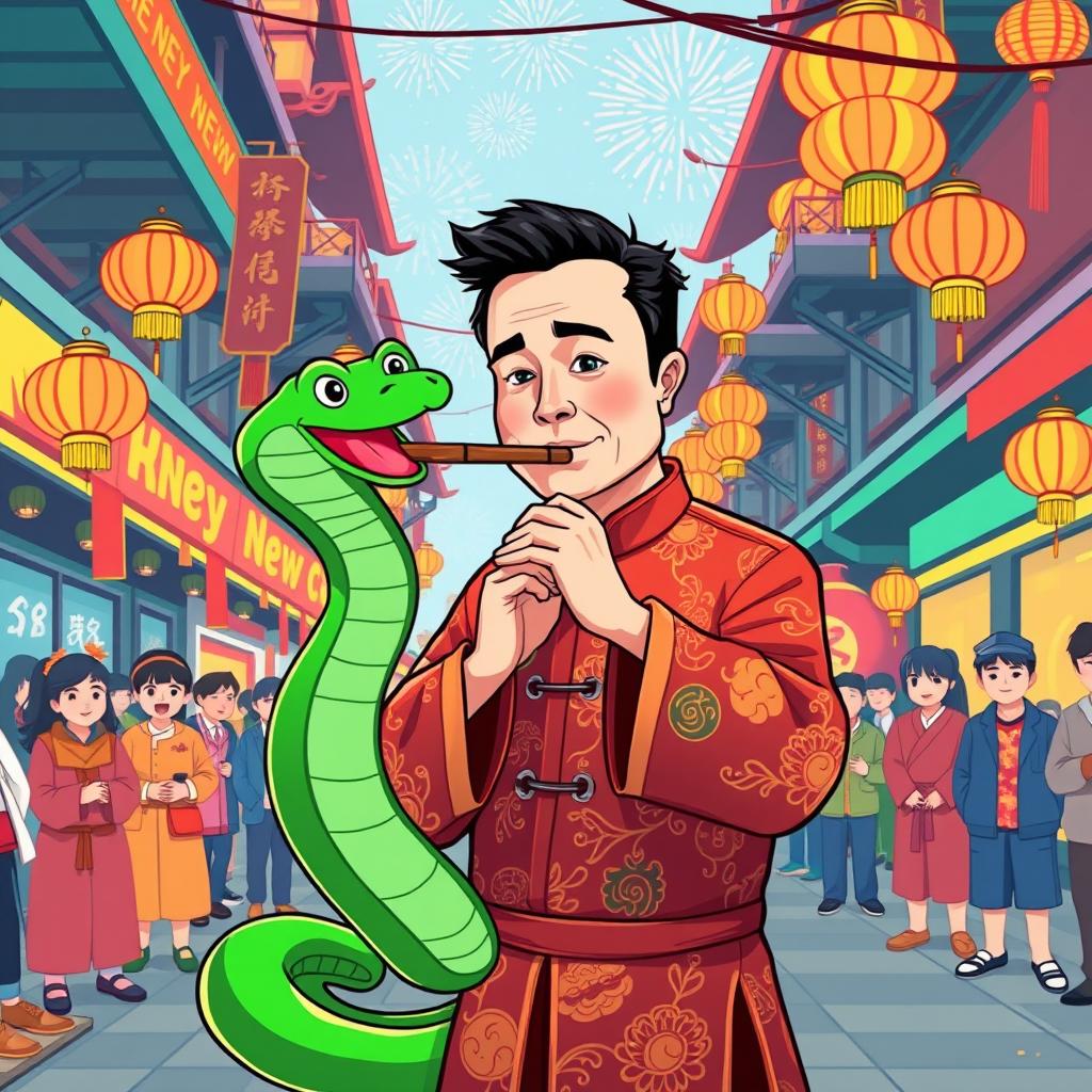 Elon Musk illustrated as a snake charmer on a festive street during the Chinese New Year, adorned in colorful traditional attire reflecting cultural elements, captivating a green cartoon snake that playfully dances around his flute