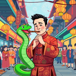 Elon Musk illustrated as a snake charmer on a festive street during the Chinese New Year, adorned in colorful traditional attire reflecting cultural elements, captivating a green cartoon snake that playfully dances around his flute