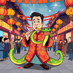 Elon Musk illustrated as a snake charmer on a festive street during the Chinese New Year, adorned in colorful traditional attire reflecting cultural elements, captivating a green cartoon snake that playfully dances around his flute