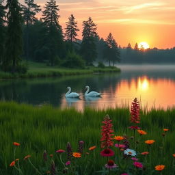 A serene landscape scene depicting a tranquil lake surrounded by lush greenery