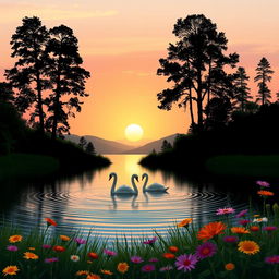 A serene landscape scene depicting a tranquil lake surrounded by lush greenery