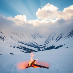 A breathtaking winter scene featuring majestic mountains covered in fresh snow, with fluffy white clouds floating softly in the blue sky above