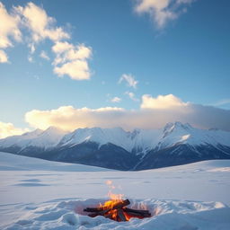 A breathtaking winter scene featuring majestic mountains covered in fresh snow, with fluffy white clouds floating softly in the blue sky above