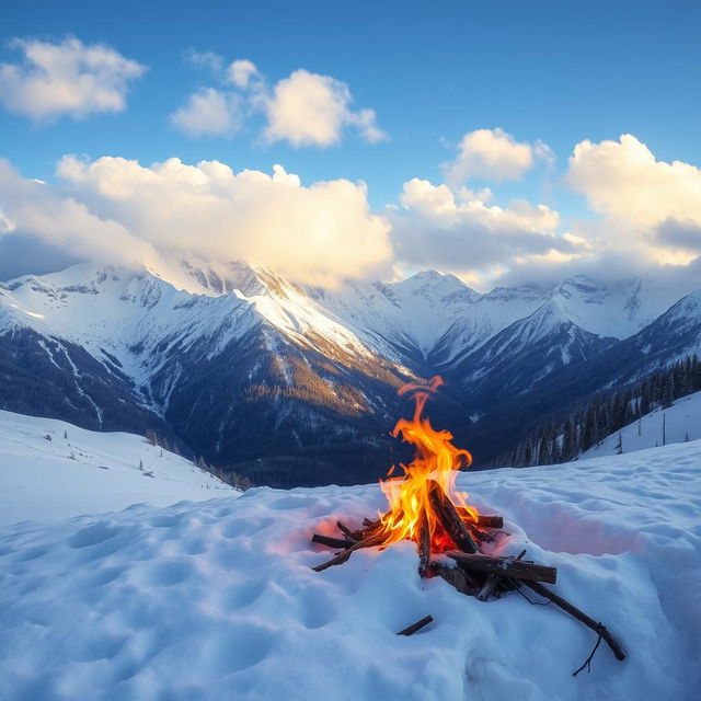 A breathtaking winter scene featuring majestic mountains covered in fresh snow, with fluffy white clouds floating softly in the blue sky above