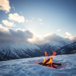 A breathtaking winter scene featuring majestic mountains covered in fresh snow, with fluffy white clouds floating softly in the blue sky above