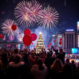 A vibrant New Year's celebration with fireworks lighting up the night sky, people in festive attire joyfully counting down to midnight, balloons and confetti floating in the air, a beautifully decorated New Year’s tree with twinkling lights in the background, and a bustling cityscape filled with colorful lights and decorations