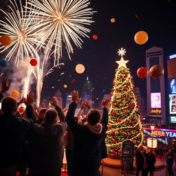 A vibrant New Year's celebration with fireworks lighting up the night sky, people in festive attire joyfully counting down to midnight, balloons and confetti floating in the air, a beautifully decorated New Year’s tree with twinkling lights in the background, and a bustling cityscape filled with colorful lights and decorations