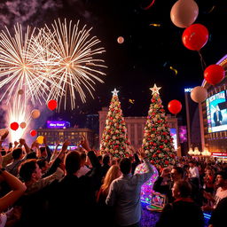 A vibrant New Year's celebration with fireworks lighting up the night sky, people in festive attire joyfully counting down to midnight, balloons and confetti floating in the air, a beautifully decorated New Year’s tree with twinkling lights in the background, and a bustling cityscape filled with colorful lights and decorations