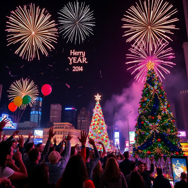 A vibrant New Year's celebration with fireworks lighting up the night sky, people in festive attire joyfully counting down to midnight, balloons and confetti floating in the air, a beautifully decorated New Year’s tree with twinkling lights in the background, and a bustling cityscape filled with colorful lights and decorations