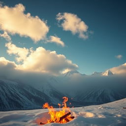 A captivating winter morning scene showcasing majestic mountains with a dusting of snow, as fluffy clouds drift gently across the bright blue sky