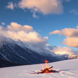 A captivating winter morning scene showcasing majestic mountains with a dusting of snow, as fluffy clouds drift gently across the bright blue sky