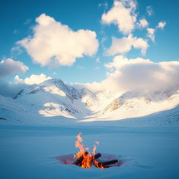 A captivating winter morning scene showcasing majestic mountains with a dusting of snow, as fluffy clouds drift gently across the bright blue sky