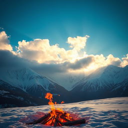 A captivating winter morning scene showcasing majestic mountains with a dusting of snow, as fluffy clouds drift gently across the bright blue sky