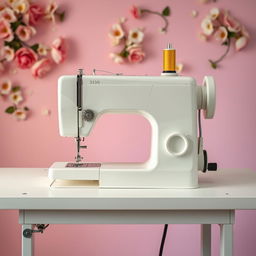 An industrial sewing machine in white color placed on a simple, functional table