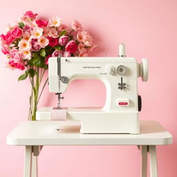 An industrial sewing machine in white color placed on a simple, functional table