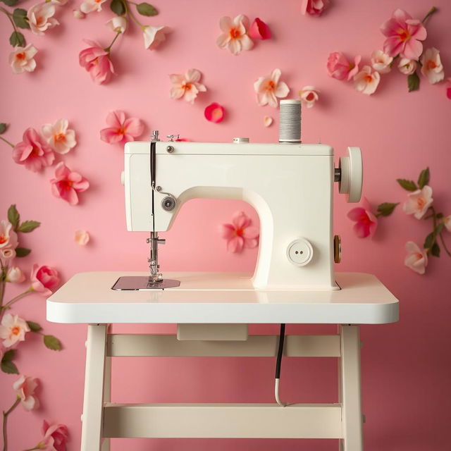 An industrial sewing machine in white color placed on a simple, functional table