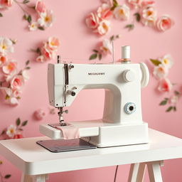 An industrial sewing machine in white color placed on a simple, functional table
