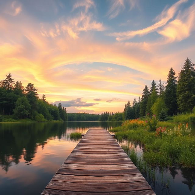 A stunning, expansive landscape featuring a serene lakeside at sunrise