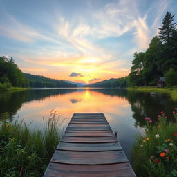 A stunning, expansive landscape featuring a serene lakeside at sunrise