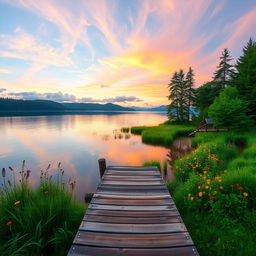 A stunning, expansive landscape featuring a serene lakeside at sunrise