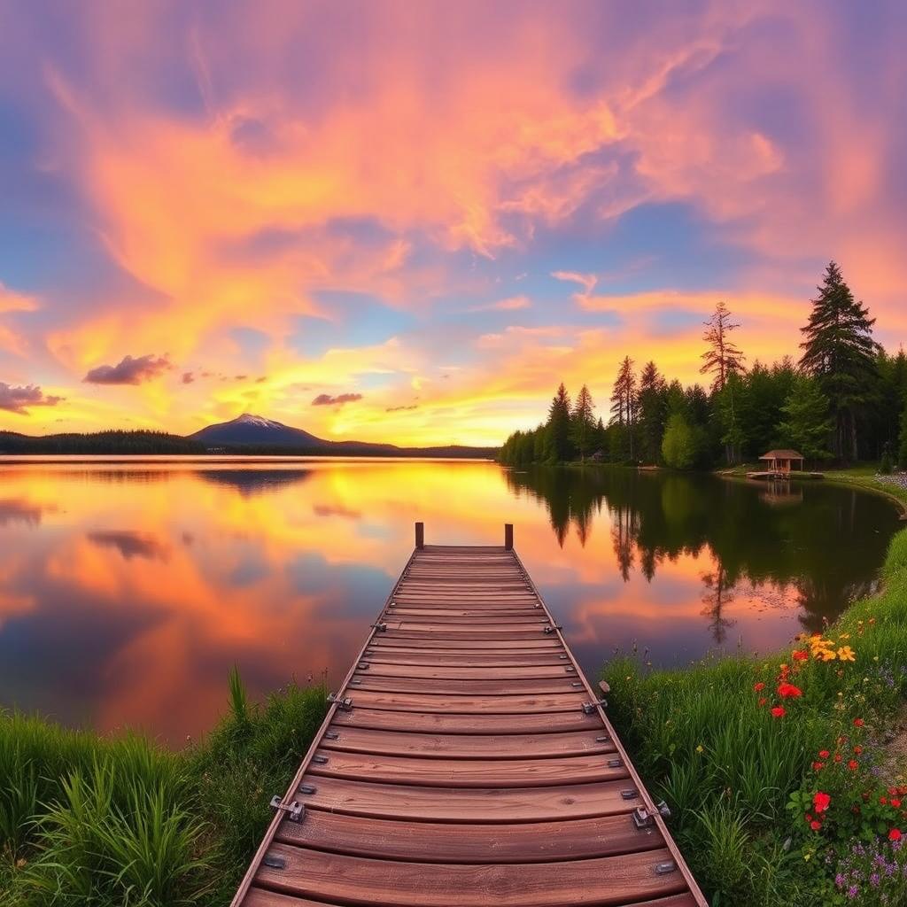 A stunning, expansive landscape featuring a serene lakeside at sunrise