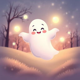 A whimsical and friendly ghost floating gently in a serene landscape