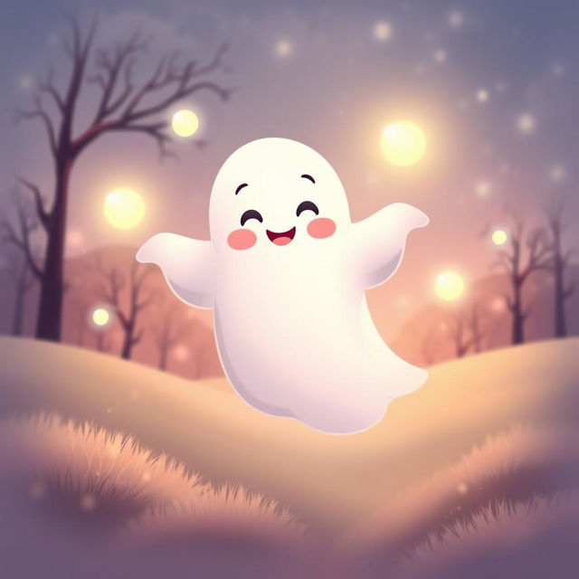 A whimsical and friendly ghost floating gently in a serene landscape