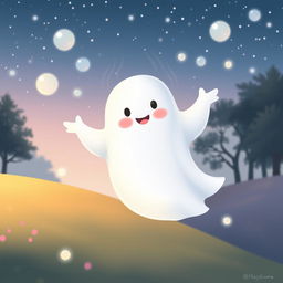 A whimsical and friendly ghost floating gently in a serene landscape