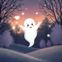 A whimsical and friendly ghost floating gently in a serene landscape