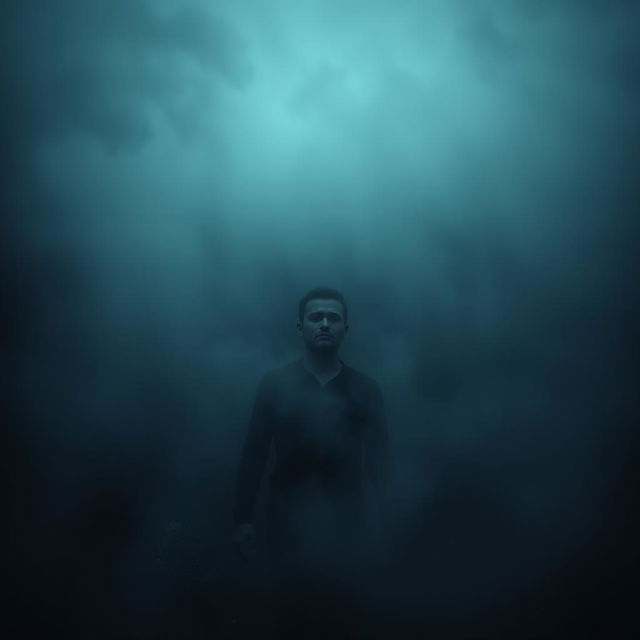 A completely dark entity enveloped in fog, emerging from the depths of the ocean, as it engulfs a human dressed in a black shirt and black pants