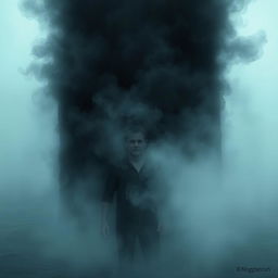 A completely dark entity enveloped in fog, emerging from the depths of the ocean, as it engulfs a human dressed in a black shirt and black pants