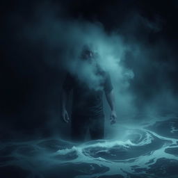 A completely dark entity enveloped in fog, emerging from the depths of the ocean, as it engulfs a human dressed in a black shirt and black pants