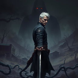 A dark, gritty post-apocalyptic landscape for the cover of 'The Black Goo'