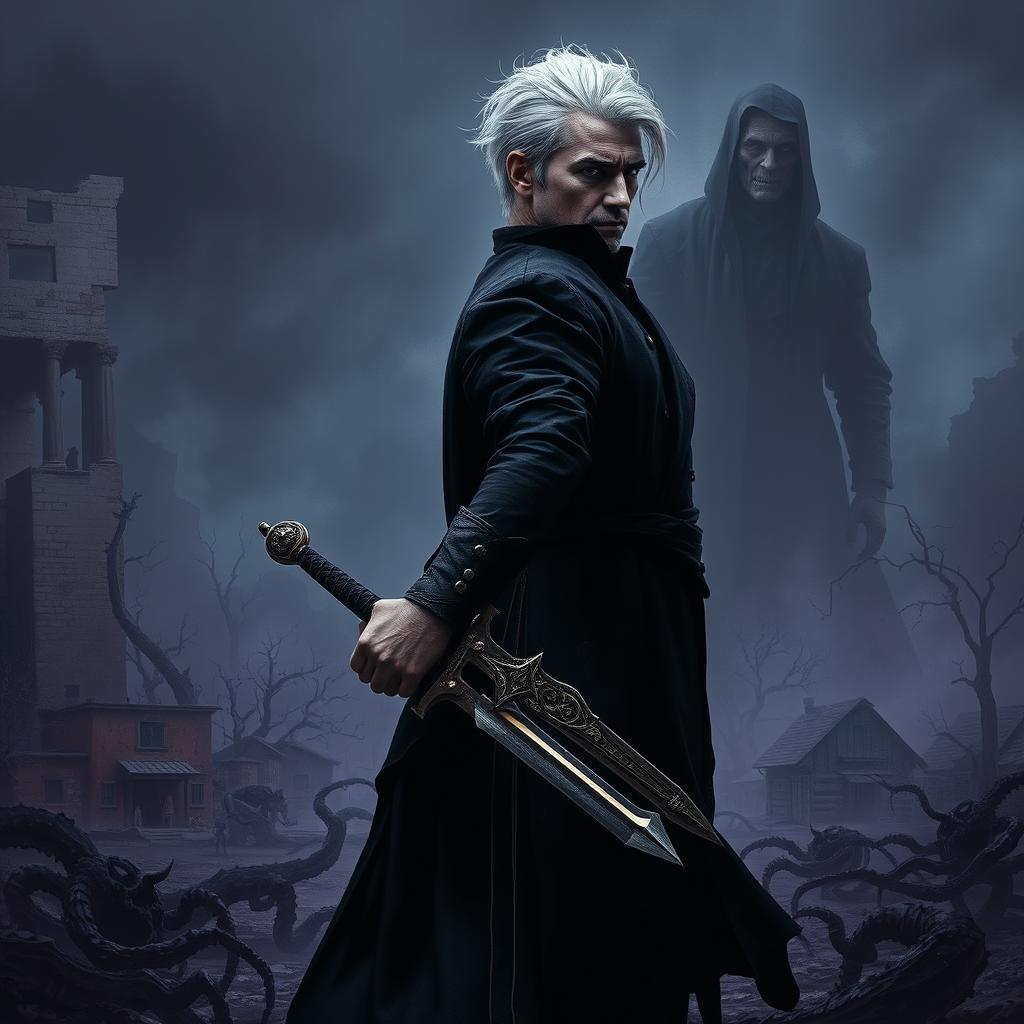 A dark, gritty post-apocalyptic landscape for the cover of 'The Black Goo'