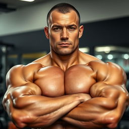 A close-up portrait of a muscular man showcasing impressive biceps, standing confidently with his arms crossed