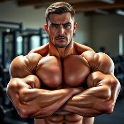 A close-up portrait of a muscular man showcasing impressive biceps, standing confidently with his arms crossed
