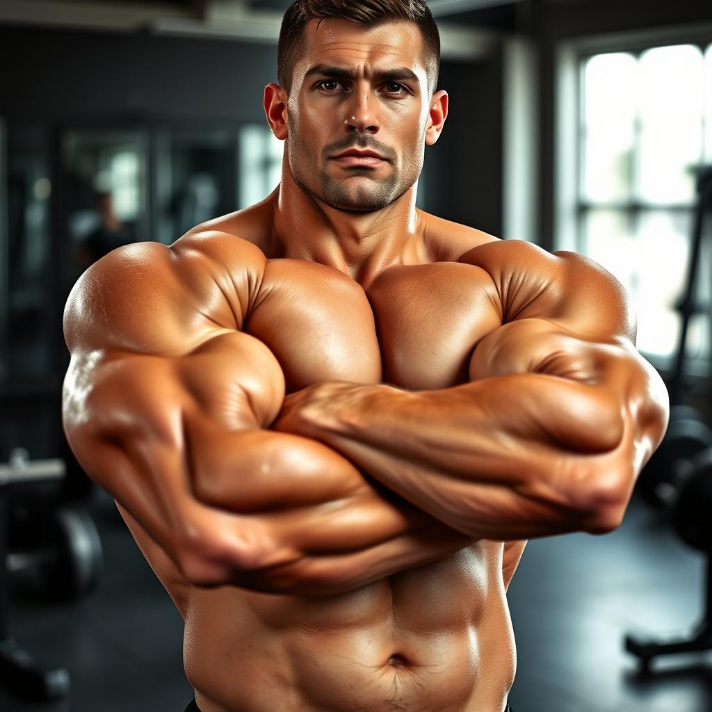 A close-up portrait of a muscular man showcasing impressive biceps, standing confidently with his arms crossed