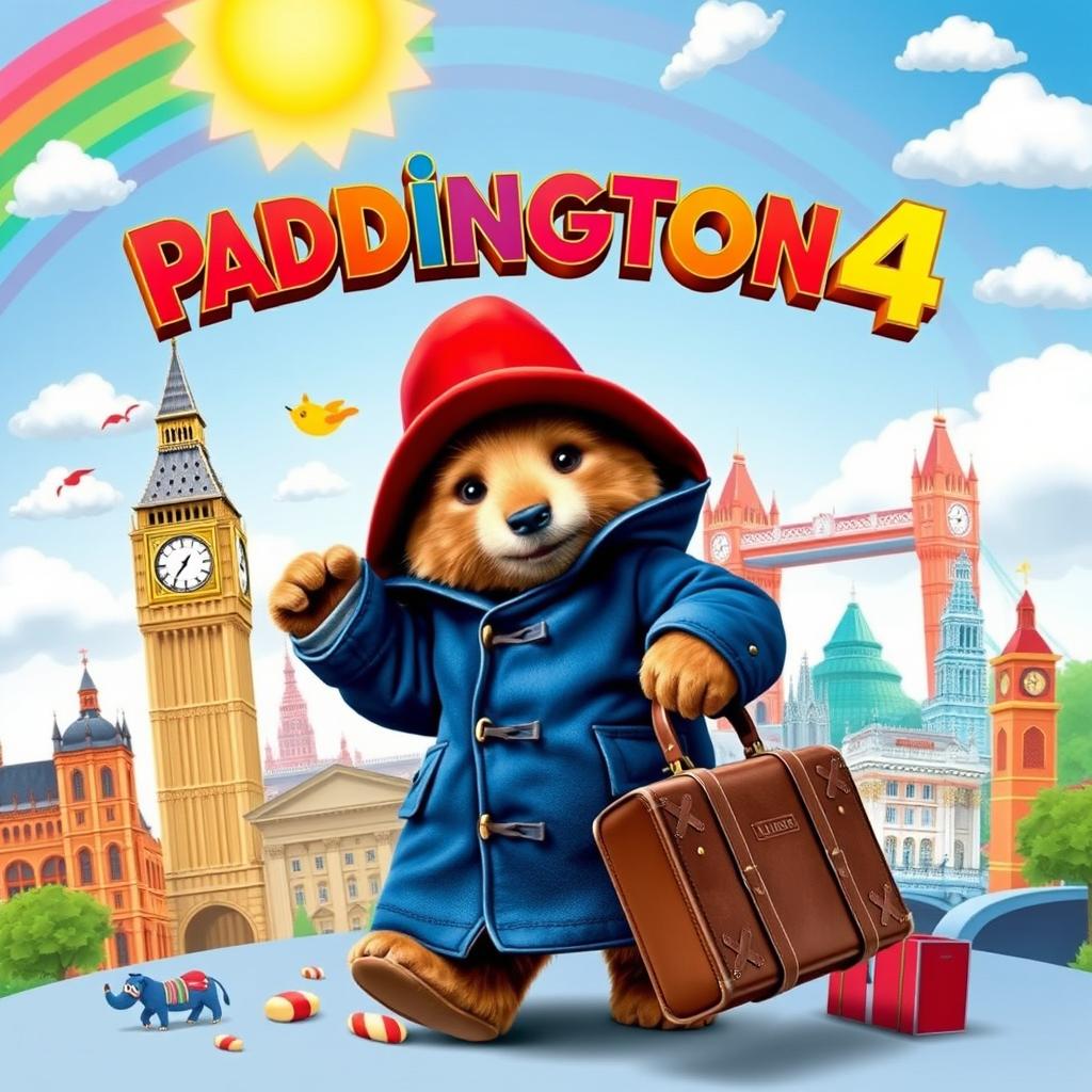 An imaginative movie poster for 'Paddington 4', featuring Paddington Bear in a whimsical London setting