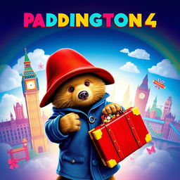 An imaginative movie poster for 'Paddington 4', featuring Paddington Bear in a whimsical London setting