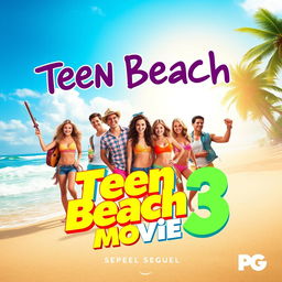 A vibrant and dynamic movie poster for a fictional sequel titled 'Teen Beach Movie 3'