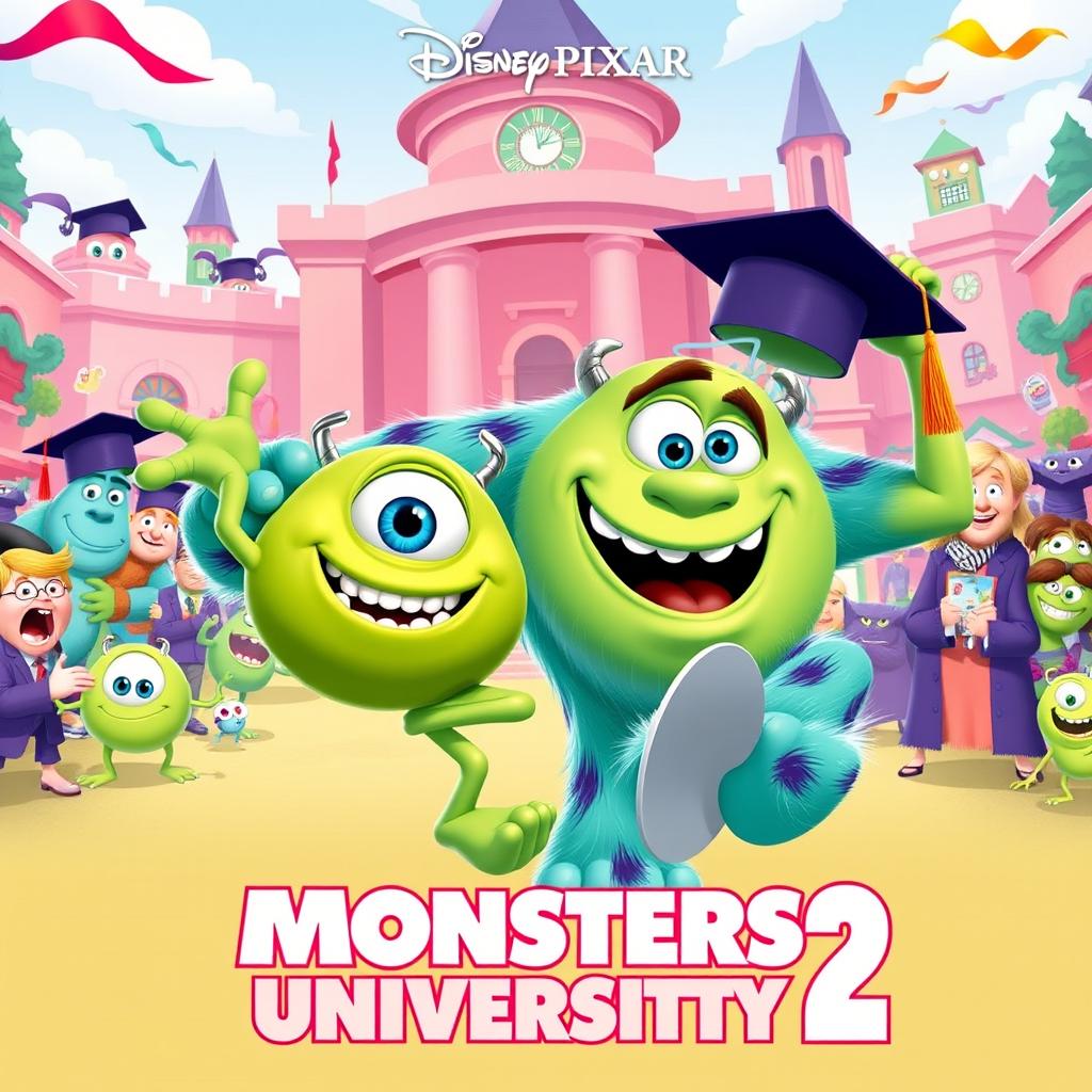 A vibrant and colorful poster for a fictional animated movie titled 'Monsters University 2', inspired by Disney Pixar